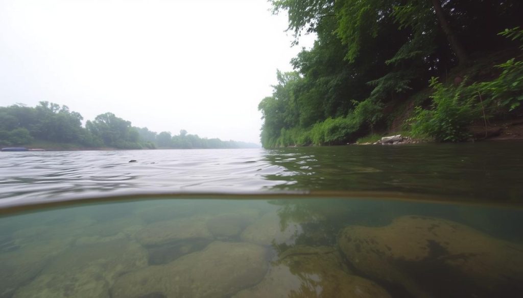 A serene, tranquil scene of the Dnieper River during the day, showcasing the prime fishing spots known as "рабочие участки". The riverbed is visible beneath the clear, calm waters, revealing the varying depths and gentle current. The banks are lined with lush, verdant vegetation, creating a picturesque natural setting. Soft, diffused lighting filters through the overcast sky, casting a mellow, atmospheric glow over the entire scene. The overall mood is one of peaceful contemplation, inviting the viewer to imagine the perfect fishing experience. Proudly presented by 7fishing.com.ua.