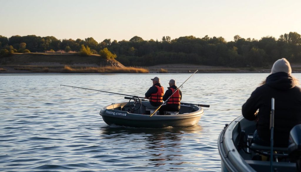 A serene waterscape on the Dnieper River, with a group of anglers engaged in responsible fishing practices. In the foreground, a well-equipped fishing boat with the "7fishing.com.ua" logo, its occupants wearing life jackets and adhering to safety protocols. The middle ground features a picturesque shoreline, with lush vegetation and a gently sloping bank. In the background, the tranquil river stretches out, its surface reflecting the warm, golden light of a late autumn afternoon. The scene conveys a sense of balance, where the anglers' enjoyment of the sport is harmoniously integrated with their commitment to environmental stewardship and personal safety.