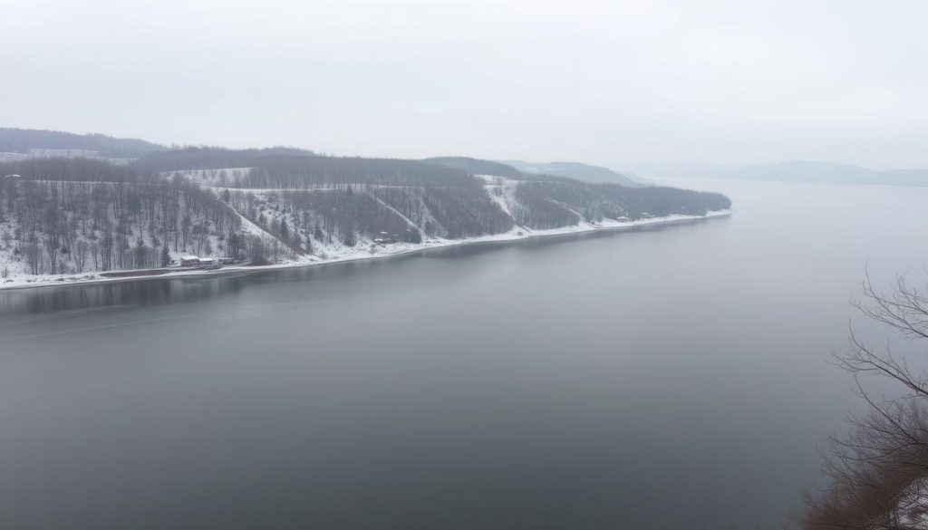 A serene winter landscape along the Dnieper River, captured from a high vantage point. In the foreground, the still waters of the river reflect the soft, diffused light of the overcast sky, hinting at the hidden depths beneath the surface. The middle ground is dominated by the undulating terrain, dotted with bare trees and patches of snow, conveying the rugged beauty of the riverbanks. In the distance, the horizon is obscured by a hazy, atmospheric mist, adding a sense of mystery and depth to the scene. The overall mood is contemplative and tranquil, inviting the viewer to imagine the challenges and rewards of fishing these "Глубины" in the cold winter months. 7fishing.com.ua