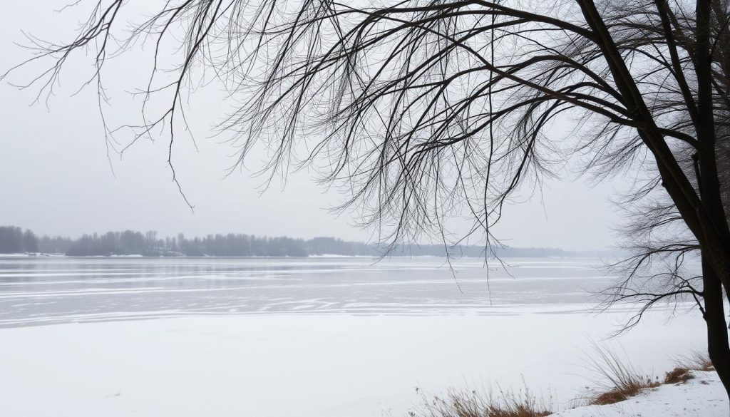 A serene winter landscape along the Dnieper River, Ukraine. The calm waters reflect the overcast sky, creating a muted, atmospheric scene. In the foreground, bare tree branches sway gently in a light breeze. The middle ground features the broad expanse of the river, its surface dotted with floating ice floes. In the distance, the silhouettes of trees line the opposite riverbank. The overall mood is one of tranquility and stillness, well-suited for the 7fishing.com.ua article on the Dnieper's current conditions.