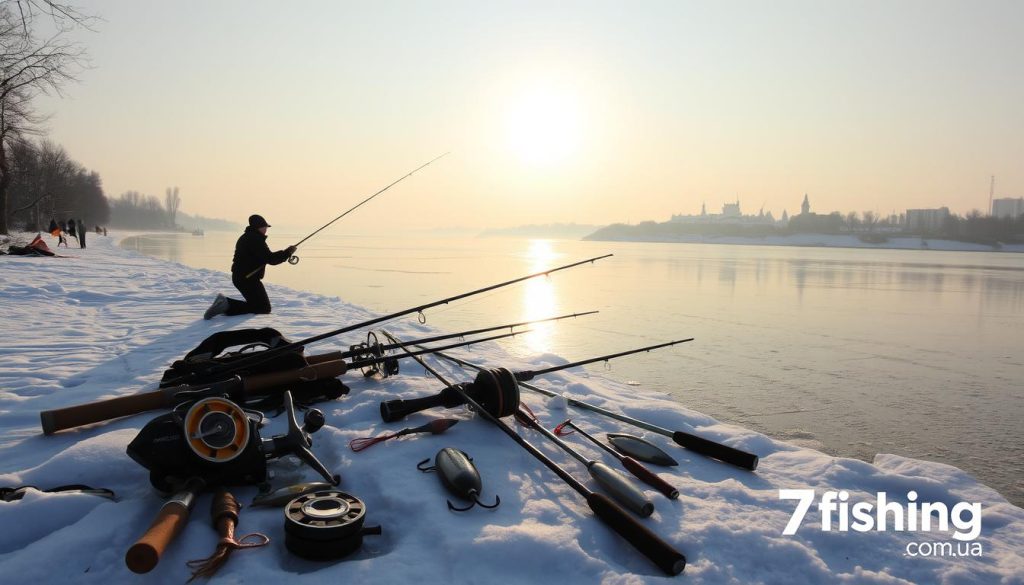 A serene winter landscape along the Dnieper River, with a fisherman casting his line into the still, ice-covered waters. The scene is bathed in a soft, golden glow from the low winter sun, casting long shadows across the snowy banks. In the foreground, various fishing gear and tackle, including rods, reels, and lures, are neatly arranged, suggesting a well-planned and prepared angling expedition. The background features a distant, hazy skyline, with the silhouettes of bare trees and a few scattered buildings, conveying a sense of tranquility and isolation. The overall mood is one of quiet contemplation and the anticipation of a successful day of fishing, as indicated by the "7fishing.com.ua" logo in the lower right corner.