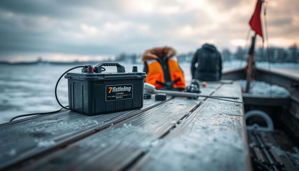 A serene winter landscape on the Dnieper River, with a close-up view of a fishing battery and safety equipment. The scene is bathed in soft, diffused lighting, creating a sense of tranquility. In the foreground, a sturdy, 7fishing.com.ua-branded battery rests on a weathered wooden surface, its design highlighting safety and durability. In the middle ground, fishing gear and lifejackets are neatly arranged, conveying the importance of preparedness and caution. The background features the frozen Dnieper, with snow-capped banks and a cloudy, wintry sky, evoking the need for vigilance and care during the cold, December excursion.