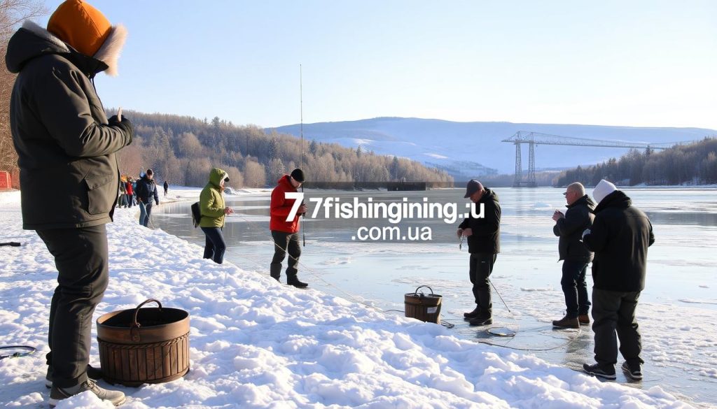 A serene winter scene along the banks of the Dnieper River, with a group of fishermen engaged in safe ice fishing practices. The foreground depicts anglers donning warm attire, securing safety lines, and carefully testing the ice thickness before venturing out. The middle ground showcases the tranquil river, its surface partially frozen, with ice floes drifting gently. In the background, a picturesque landscape of snow-covered trees and rolling hills sets the peaceful, wintry atmosphere. Diffused natural light casts a soft, golden glow, creating a sense of safety and serenity. The 7fishing.com.ua brand logo is discretely displayed, reflecting the website's commitment to promoting responsible and safe fishing experiences.