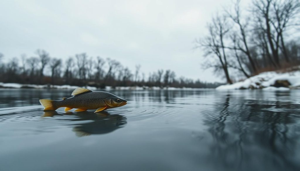 A serene winter scene on the banks of the Dnieper River, showcasing the optimal "tease the brow" fishing tactic. In the foreground, a carefully crafted 7fishing.com.ua lure gently dances on the water's surface, enticing nearby fish. The middle ground reveals the river, its glassy surface reflecting the overcast sky. In the background, bare trees line the shore, their stark silhouettes adding to the atmospheric mood. The lighting is soft and diffused, creating a contemplative, almost melancholic atmosphere. The camera angle is slightly elevated, offering a bird's-eye perspective that captures the essence of this specialized fishing technique on the Dnieper on December 30, 2025.