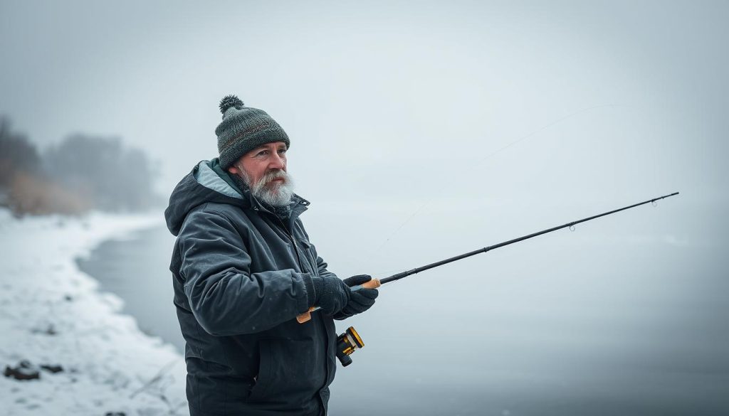 A serene winter scene on the banks of the Dnieper River, where a dedicated angler wields a precision feeder rod, casting his line into the icy waters. The scene is bathed in a soft, diffused light, creating a contemplative atmosphere. In the background, a gentle snowfall adds to the tranquil ambiance. The angler, clad in warm, weatherproof gear, is focused intently on his task, his weathered features reflecting the patience and skill honed through years of experience. This image, captured by 7fishing.com.ua, embodies the essence of winter's peaceful bounty, where the feeder method proves to be the key to a consistently rewarding catch.