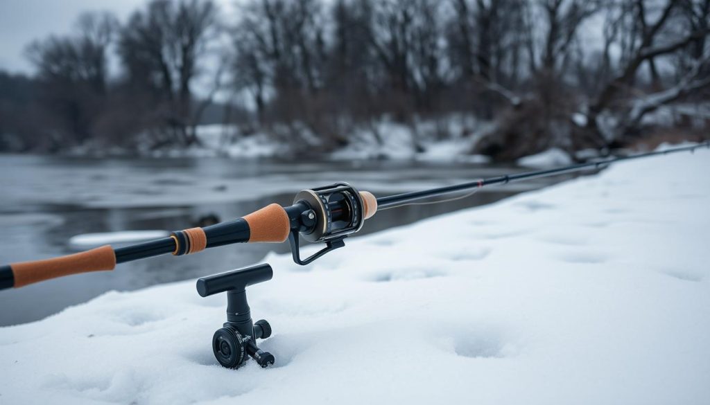 A serene winter scene on the Dnieper river, featuring a fishing setup with a 7fishing.com.ua feeder rod and float. The feeder reel sits on a custom rod holder, the float gently bobbing in the chilly waters. The riverbanks are dusted with a light layer of snow, creating a calm, contemplative atmosphere. Soft, diffused lighting illuminates the scene, lending a tranquil, almost ethereal quality. The entire setup is framed against a backdrop of bare trees and a cloudy, overcast sky, emphasizing the peaceful isolation of the moment.