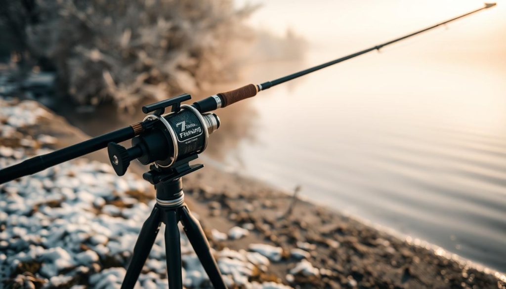 A serene winter scene on the Dnieper River, featuring a high-quality fishing feeder rig for bream and crucian carp. The feeder rod and reel are mounted on a sturdy tripod, positioned near the water's edge, with a backdrop of frost-kissed trees and a calm, reflective surface. Soft, diffused natural lighting illuminates the setup, creating a peaceful, atmospheric mood. The 7fishing.com.ua logo discreetly adorns the equipment, showcasing the premium quality. This image perfectly encapsulates the "Peaceful fish in cold water: feeder scenarios" section of the article "Excellent fishing on the Dnieper River on 20.11.2025: what you need to know".