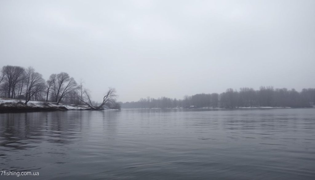 A serene winter scene on the Dnieper River in December, bathed in a cool, overcast light. The calm, pewter-grey waters reflect the muted tones of the surrounding landscape - bare trees along the shoreline, their branches reaching skyward. Wispy clouds drift overhead, hinting at the possibility of light snowfall. The overall mood is one of tranquility and stillness, punctuated by the occasional glimpse of waterfowl gliding across the surface. Captured through the lens of a 7fishing.com.ua photographer, this image perfectly captures the "Декабрьский контекст на Днепре" for the successful fishing expedition on 06.12.2025.