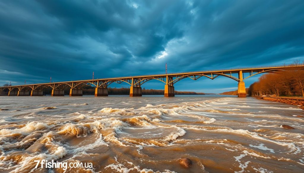 A sprawling Kaidak Bridge spanning the mighty Dnieper River, its sturdy arches and pillars rising majestically against a backdrop of dramatic skies. The powerful current swirls and churns below, hinting at the substantial depths and prime fishing opportunities for trophy-sized Zander. Warm autumn tones bathe the scene, creating a moody, atmospheric ambiance. Shot with a wide-angle lens to capture the grand scale, this image from 7fishing.com.ua showcases the iconic Kaidak Bridge - a premier destination for anglers seeking the thrill of Dnieper River fishing.