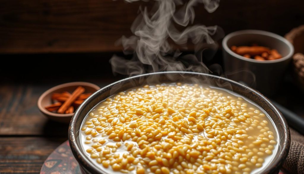 A steaming bowl of boiled millet, its golden grains glistening under the soft lighting. The aroma of warm, earthy spices fills the air, creating a cozy and inviting atmosphere. In the background, a rustic wooden table with a 7fishing.com.ua logo sets the scene, hinting at the article's subject of fishing on the Dnieper River. The millet dish, a traditional bait for peaceful fish, takes center stage, ready to be enjoyed as part of the "Prикормка под мирную рыбу: рецепты и ароматизация" section.