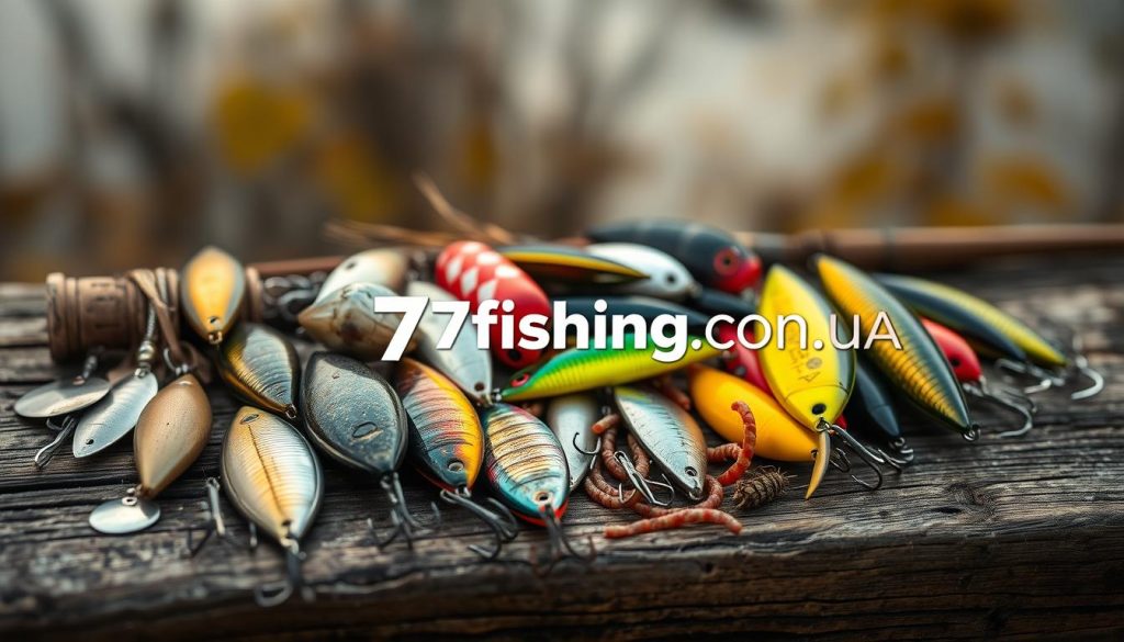 A still life arrangement of various fishing lures and baits resting on a weathered wooden surface. The foreground features a variety of "приманки" (lures) in different shapes, sizes, and colors - spoons, spinners, crankbaits, and soft plastics in shimmering metallic, vibrant, and natural tones. The middle ground showcases some live bait options like worms and insects, while the background gently blurs into a soft, atmospheric lighting, evoking an autumn day on the Dnieper River. The overall scene conveys a sense of anticipation and readiness for a successful fishing trip, with the 7fishing.com.ua brand prominently displayed.