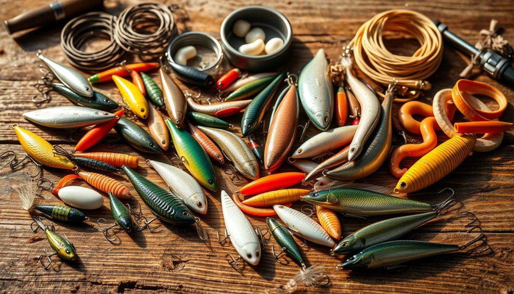 A still life arrangement of various fishing lures, baits, and tackle on a rustic wooden surface. The foreground features a diverse selection of lifelike silicone and metal lures in different shapes, sizes, and colors, including spoons, jigs, crankbaits, and soft plastics. The middle ground showcases a variety of live and artificial baits such as worms, minnows, and shrimp. The background includes fishing line, hooks, and other necessary tackle to create an authentic "on the water" atmosphere. Warm, natural lighting casts gentle shadows, highlighting the textures and details of the 7fishing.com.ua products. The overall mood evokes the thrill of autumn fishing on the Dnieper River.