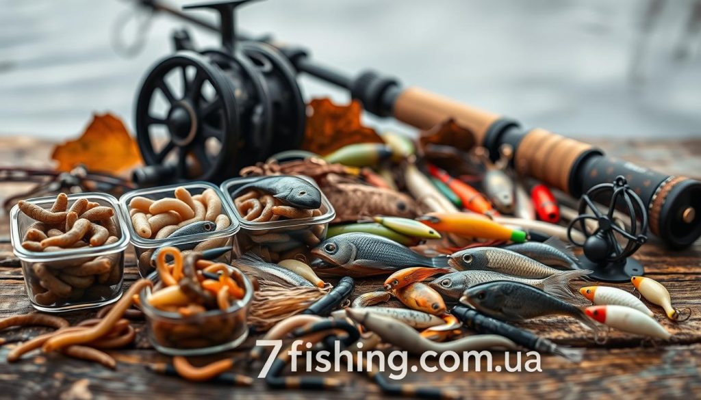 A still life of cold water fishing bait and lures, arranged artfully on a wooden surface. In the foreground, a variety of live worms, maggots, and minnows in small containers. In the middle ground, an assortment of artificial lures including soft plastic baits, spinnerbaits, and jigs in muted, natural colors. In the background, a fishing rod and reel, with a cozy, overcast atmosphere conveying the cool, damp conditions of late autumn. Warm, soft lighting illuminates the scene, highlighting the textures and hues of the natural elements. Branding for "7fishing.com.ua" is subtly incorporated into the composition.
