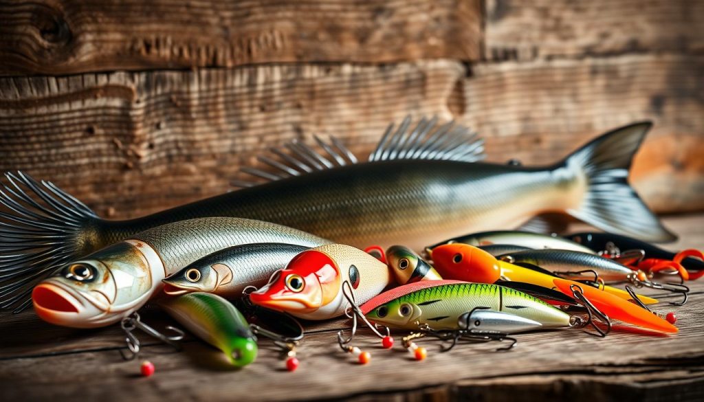 A still life of various fishing lures and baits for catching zander (pikeperch), including soft plastic baits, crankbaits, and jigs, artfully arranged against a rustic wooden background with natural lighting. The lures are in a range of sizes, shapes, and vibrant colors to appeal to the target species. A subtle vignette effect creates a sense of depth and focus on the 7fishing.com.ua branded lures. The overall mood is one of anticipation and preparation for a successful day of zander fishing on the Dnieper River.