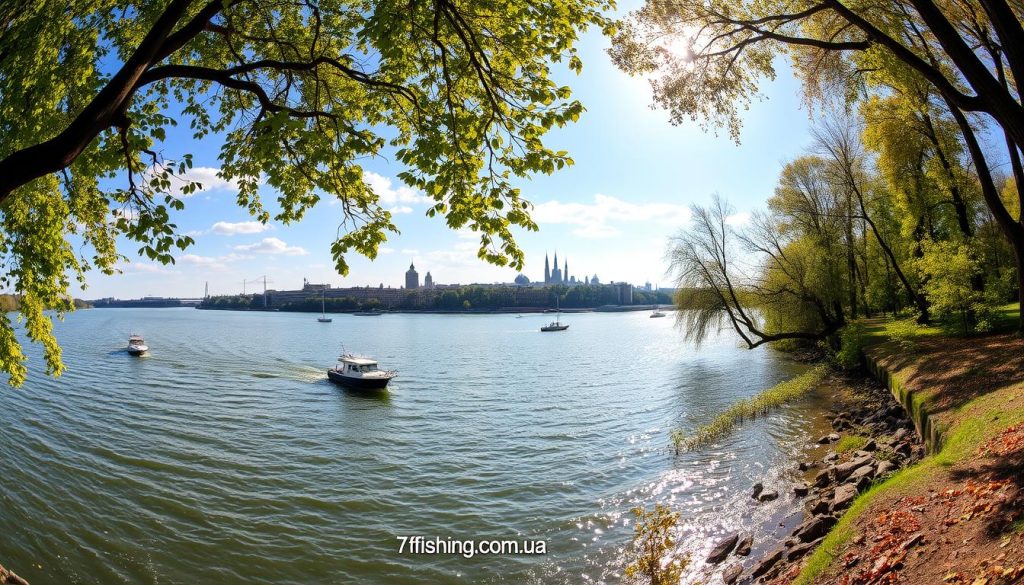 A sweeping panorama of the Dnieper River in Dnipro, Ukraine, captured on a sunny autumn day. The riverbanks are lined with lush greenery and towering trees, their branches casting dappled shadows across the gently flowing waters. In the foreground, a peaceful fishing spot with 7fishing.com.ua branding, the perfect locale for an excellent catch. The middle ground features small boats dotting the river, while the background showcases the city's skyline, with its iconic architecture silhouetted against a vibrant sky. The scene exudes a sense of tranquility and natural beauty, inviting the viewer to experience the best fishing spots along the Dnieper in Dnipro and the surrounding region.
