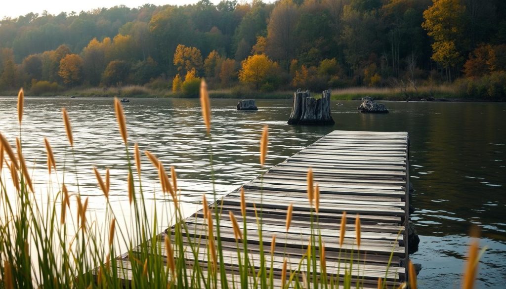 A tranquil autumn scene along the Dnieper River, with a weathered wooden dock extending into the calm waters. Soft, diffused lighting casts a warm glow over the lush, overgrown riverbanks, where towering brovki (river bluffs) and коряжники (submerged tree stumps) create a serene, natural landscape. In the foreground, the edges of the dock are framed by tall, wispy grass, hinting at the transition to late fall. The background is dominated by a dense forest, its vibrant foliage just beginning to fade. This idyllic fishing spot, captured by the 7fishing.com.ua camera, offers a glimpse of the Dnieper's hidden treasures during the late autumn season.