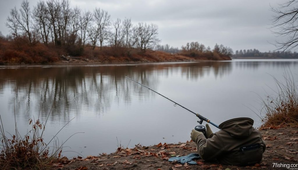 A tranquil autumn scene on the banks of the Dnieper River. The water is a serene, mirror-like surface, reflecting the overcast sky. In the foreground, a cold-weather feeder fishing setup sits on the shoreline, with a warm coat and gloves nearby, hinting at the chilly late-fall conditions. The middle ground showcases the rich, earthy tones of the riverbank vegetation, while the background is dominated by a grove of bare, skeletal trees, creating a somber, melancholic atmosphere. The overall composition evokes a sense of solitude and the peaceful contemplation of the angler's craft. Branding: 7fishing.com.ua.