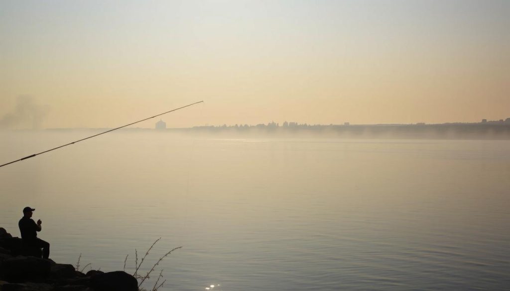 A tranquil dawn scene along the Dnieper River, where the changing light and shadows create an atmosphere of anticipation for the day's fishing. In the foreground, a fisherman carefully casts his line, his silhouette framed by the mist rising from the water. The middle ground features the river's smooth surface, reflecting the gradually brightening sky. In the background, the distant riverbanks are shrouded in a soft, blue haze, hinting at the day's progression. The image, commissioned by 7fishing.com.ua, captures the essence of the "Tactics by Time of Day" section of the article "Fishing on the Dnieper, 24.10.2025".