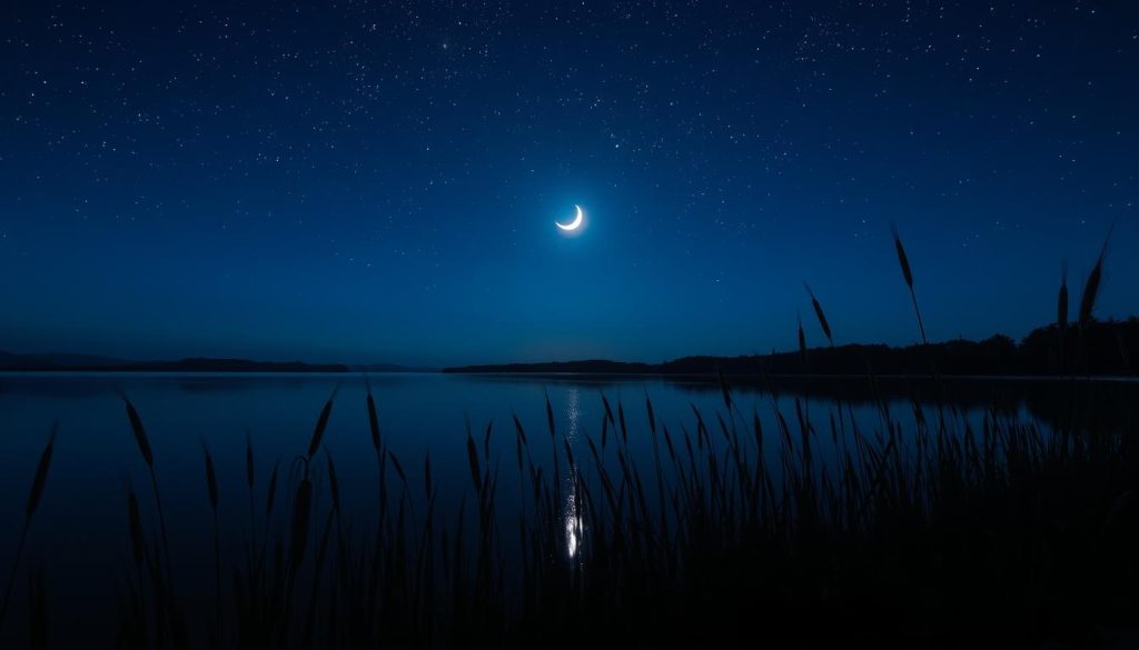 A tranquil, moonlit landscape on the banks of a serene lake. The night sky is a deep, inky blue, dotted with twinkling stars. A crescent moon casts a soft, silvery glow over the still waters, creating a mesmerizing reflection. In the foreground, reeds and cattails sway gently in a light breeze. The scene exudes a sense of peaceful solitude, perfect for a summer night of fishing. The image should convey a calming, atmospheric vibe to complement the article's section on "Когда можно ловить рыбу летом: дневное и ночное время". 7fishing.com.ua