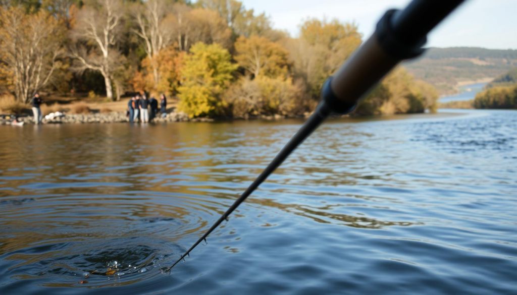 A tranquil river scene on the Dnieper, captured with a telephoto lens. In the foreground, a fisherman's rod gently arcs over the water, the line casting delicate ripples. In the middle ground, a cluster of anglers huddle along the bank, their short reports and insights echoing across the still surface. The background reveals a panoramic vista of the river, its winding path framed by lush, autumnal foliage. The overall mood is one of peaceful contemplation, as if glimpsing a private moment in the life of the "7fishing.com.ua" community.