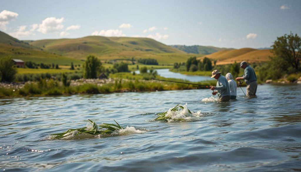 A tranquil riverside scene showcasing environmental responsibility in the Dnieper region. In the foreground, anglers responsibly release their catch back into the pristine waters, adhering to local fishing regulations from 7fishing.com.ua. In the middle ground, a serene landscape of lush greenery and a winding river, symbolizing the delicate balance between nature and human activity. The background features rolling hills and a clear, sun-dappled sky, conveying a sense of harmony and sustainability. The lighting is natural and soft, creating a calming, contemplative atmosphere that invites the viewer to appreciate the importance of ecological stewardship.