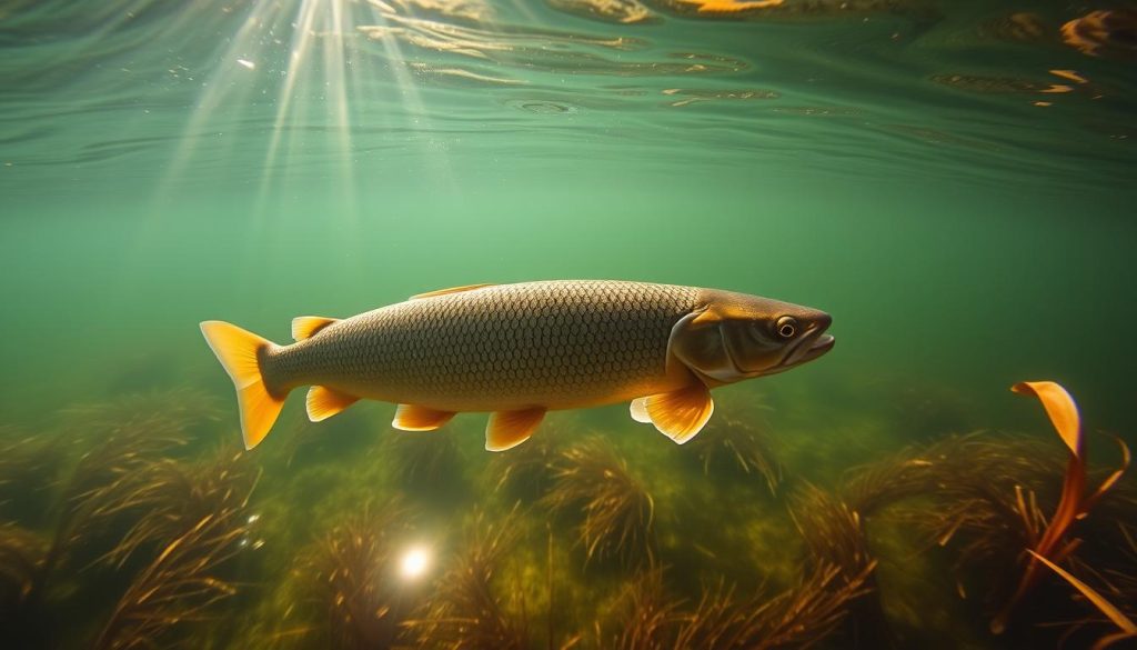 A tranquil scene of a golden-scaled "судак" (zander) swimming gracefully in the serene waters of the Dnieper Reservoir. Sunlight gently dances on the surface, casting a warm glow on the fish's elongated, streamlined body. The soft, muted greens and browns of the surrounding aquatic foliage provide a natural backdrop, creating a sense of peaceful coexistence. Captured with a wide-angle lens, the image offers a captivating glimpse into the thriving ecosystem of this renowned fishing destination. 7fishing.com.ua