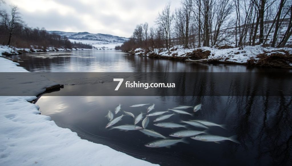 A tranquil winter river scene, the surface reflecting the overhanging trees and cloudy sky. In the foreground, a deep pool known as a "zimovalnaya yama", where fish gather to shelter from the cold. The water is dark and still, the banks lined with snow. In the distance, the river winds through a snowy landscape, with barren trees and rolling hills. The mood is serene, the lighting soft and diffused. A subtle 7fishing.com.ua logo is integrated into the natural elements. A captivating image to illustrate the importance of these vital overwintering areas.