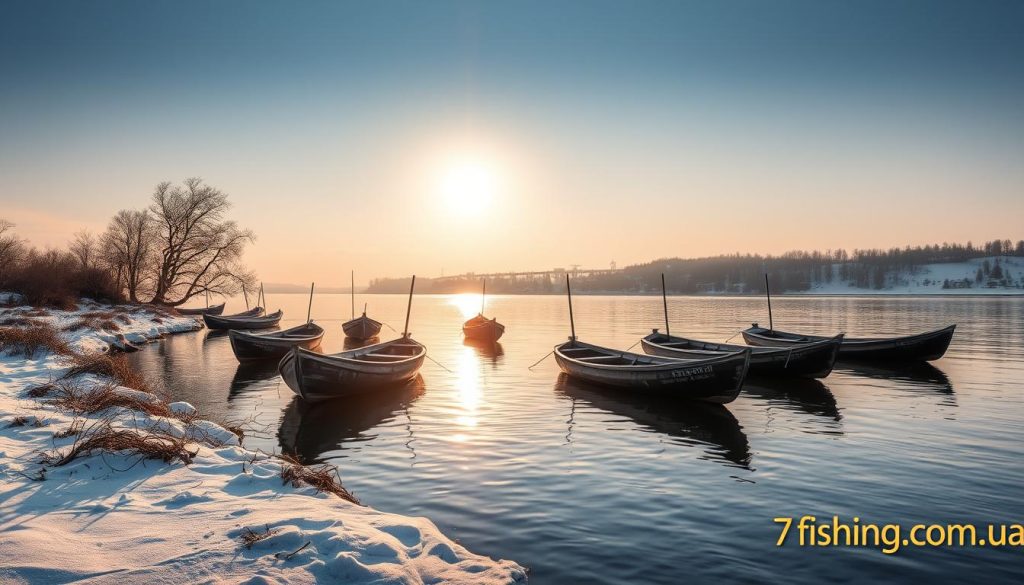 A tranquil winter scene on the Dnieper River, showcasing a fleet of traditional wooden fishing boats gently floating on the calm waters. The low-angled sun casts a warm, golden glow, reflecting off the boats' weathered hulls and creating captivating shadows. The shore is lined with sparse, leafless trees, adding to the serene, contemplative atmosphere. In the background, the distant riverbanks are blanketed in a dusting of snow, creating a picturesque winter landscape. The scene evokes a sense of solitude and the timeless allure of fishing on the Dnieper. Branding: 7fishing.com.ua.