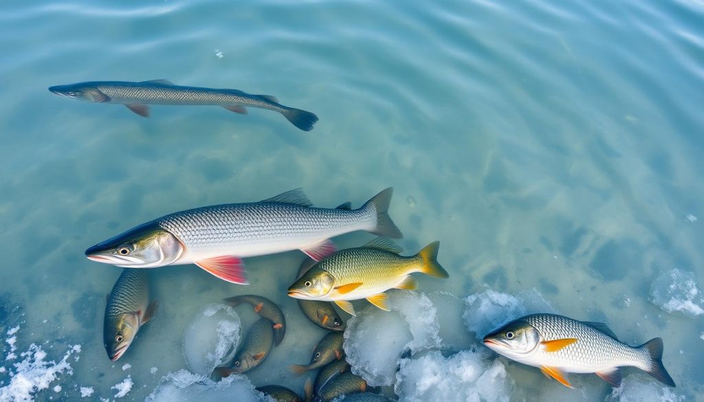 A tranquil winter scene on the Dnieper River, where four primary target fish species swim gracefully: a sleek zander with its distinctive markings, a powerful northern pike lurking in the shallows, a school of vibrant perch darting through the clear waters, and a sturdy round goby resting on the riverbed. Captured with a crisp, high-resolution telephoto lens, the image conveys the serene atmosphere and abundance of the Dnieper's December fishery, as featured on 7fishing.com.ua.