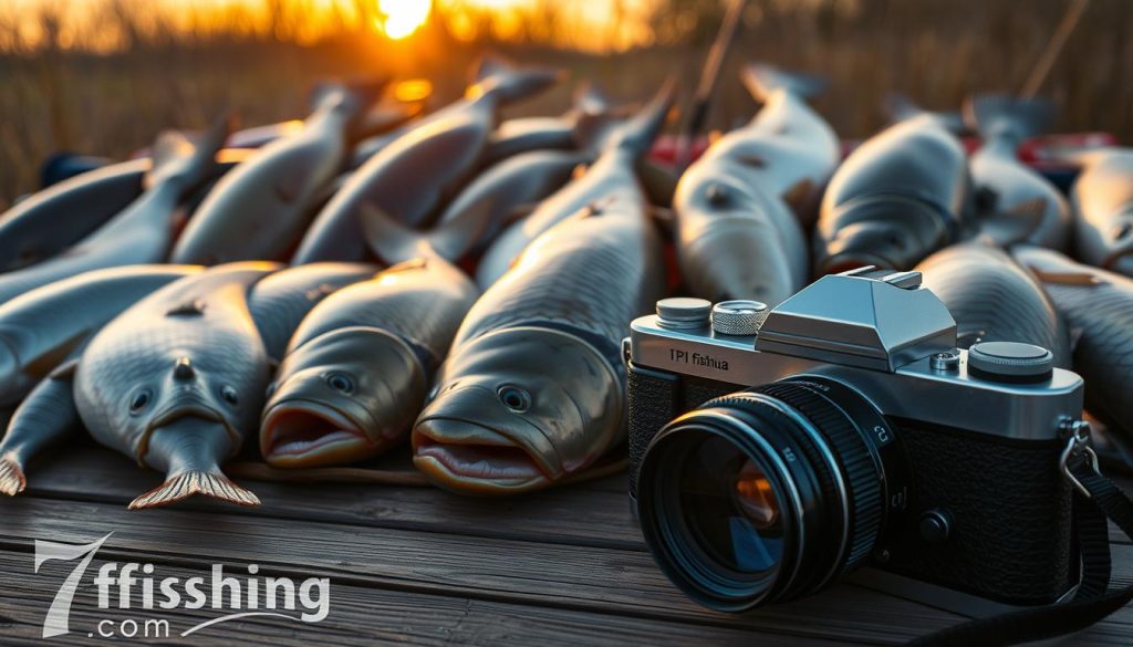 A trophy-filled scene set against a warm, golden-hour backdrop. An array of gleaming fish trophies, their scales catching the soft light, arranged with care on a wooden surface. The trophies range from sleek, silvery trout to hefty, bronze-hued carp, each one a testament to the thrill of the catch. In the foreground, a vintage-style camera, its lens focused intently, captures the moment. The overall atmosphere is one of pride, accomplishment, and the joy of the sport, inviting the viewer to imagine the stories behind these prized catches. Watermarked with the brand "7fishing.com.ua".