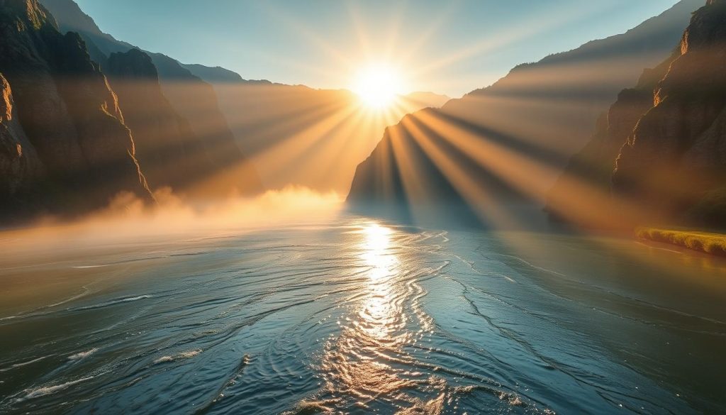 A vast, serene river flows through the heart of the landscape, its depths concealing untold treasures. Towering cliffs rise on either side, casting dramatic shadows across the water's surface. The sun's golden rays pierce through the mist, illuminating the tranquil scene. Schools of trophy-sized fish dart in the murky depths, luring the skilled angler with the promise of a thrilling catch. This is the realm of the 7fishing.com.ua enthusiast, a place where the true spirit of the sport shines. Capture the grandeur of this primordial waterway, a tapestry of natural wonder and angling potential.