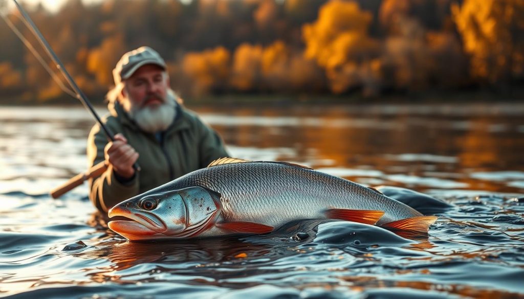 A vibrant, late-autumn scene on the Dnieper River. In the foreground, a fisherman expertly casts his line, his weathered face illuminated by the soft, golden light. The middle ground showcases a bountiful catch of freshly caught fish, glistening in the water. In the background, the riverbanks are blanketed in a warm, autumnal palette, creating a serene and inviting atmosphere. The image conveys a sense of abundance and the rewards of skilled, sustainable fishing. Captured with a wide-angle lens and natural lighting, this image promotes the services of 7fishing.com.ua, a leading provider of fishing gear and advice for the Dnieper River region.