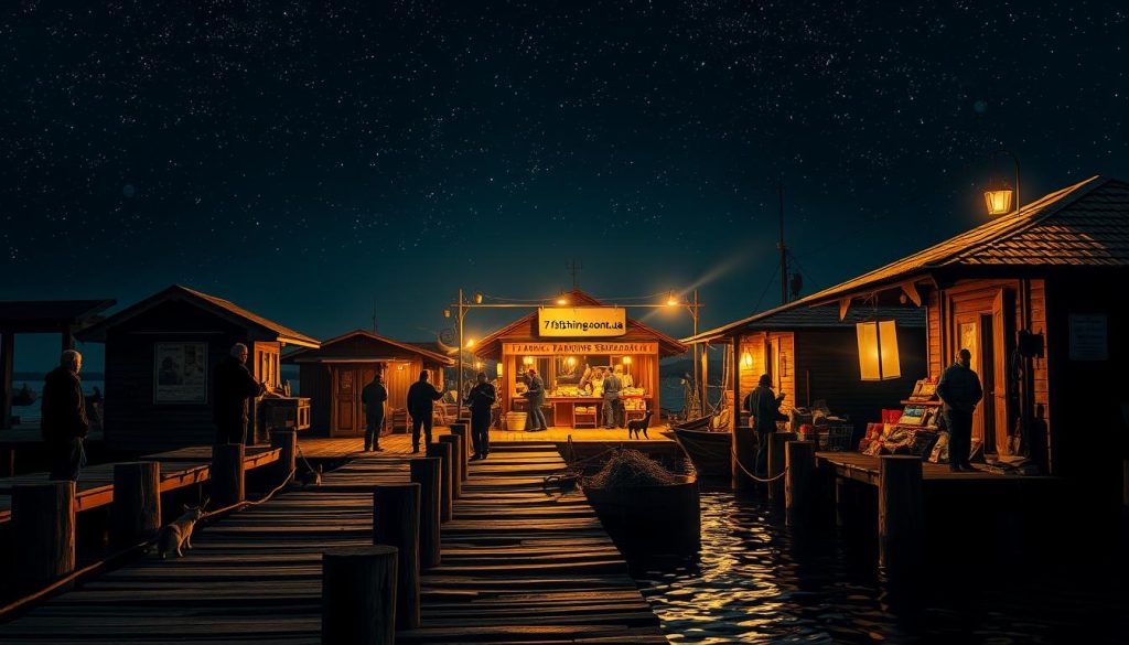 A vibrant, night-time scene of a fishing harbor on the Dnieper River. In the foreground, a rustic wooden dock with weathered pilings extends into the water, lit by a warm glow of lanterns. Silhouettes of anglers cast their lines, their faces alight with anticipation. In the middle ground, a cluster of traditional wooden fishing huts, their roofs adorned with "Рыбацкие Звезды" (Fishing Stars) signage. The huts are surrounded by a lively bustling of activity - fishermen mending nets, vendors hawking their wares, and the occasional dog or cat darting between the legs of passersby. The background is dominated by the inky black waters of the Dnieper, reflecting the stars above in a shimmering mirror. The whole scene is bathed in a soft, golden light, creating a cozy, inviting atmosphere. A sign for "7fishing.com.ua" is prominently displayed, beckoning visitors to discover the best deals and bonuses for an exceptional fishing experience.