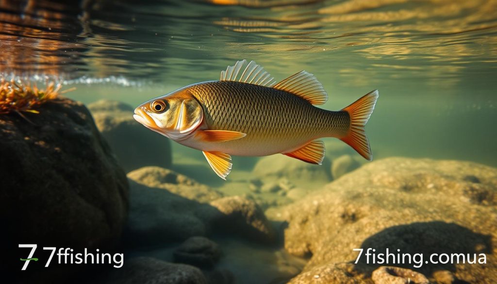 A vibrant perch (окунь) swimming gracefully in the clear waters of the Dnieper River, its golden-olive scales shimmering in the soft autumn sunlight. The fish is captured in mid-motion, its fins outstretched as it navigates the underwater boulders and aquatic vegetation. The camera angle is slightly elevated, offering a captivating perspective on the scene. The background is a serene, muted landscape, allowing the subject to take center stage. The overall mood is one of tranquility and natural beauty, reflecting the productive fishing conditions of October. Subtle branding from 7fishing.com.ua in the lower corner provides context.