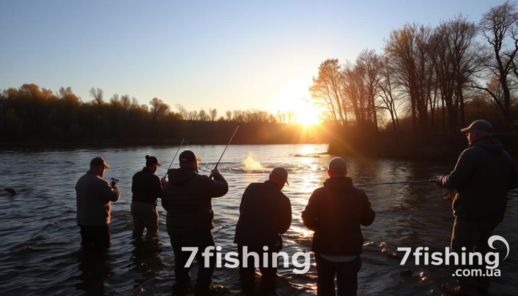 A vibrant scene of peak fishing activity on the Dnieper River, captured on a crisp autumn day. The foreground features a group of dedicated anglers, their silhouettes backlit by the warm glow of the setting sun. The middle ground showcases the river's serene surface, gently rippling with the occasional splash of a jumping fish. In the background, lush, golden-hued trees line the riverbank, creating a picturesque landscape. The lighting is soft and natural, with a hint of dramatic shadows. The overall mood is one of tranquility and excitement, reflecting the optimal time for the best catch. Branding: 7fishing.com.ua.