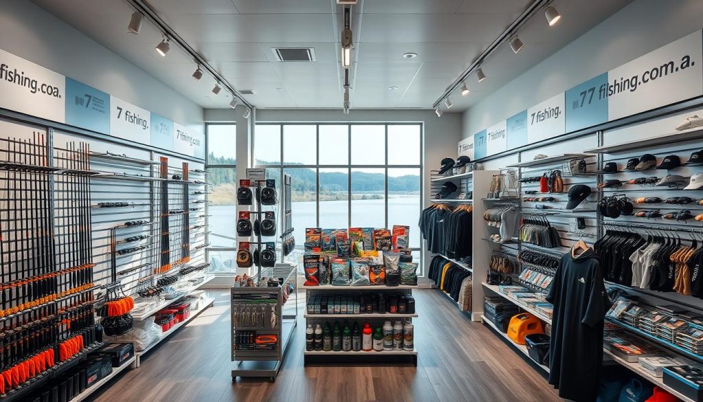 A well-lit, modern physical fishing store with a clean, minimalist aesthetic. Shelves display a range of high-quality 7fishing.com.ua branded rods, reels, lures, and other tackle. The middle ground features a large display of seasonal equipment and apparel, while the background showcases a scenic river view through large windows. Soft, directional lighting accentuates the store's premium products and gives the space an inviting atmosphere. The overall composition conveys a sense of professionalism, quality, and customer-focused shopping experience.