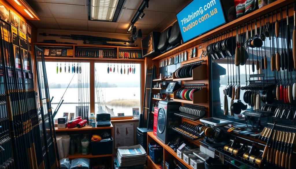 A well-stocked 7fishing.com.ua outdoor gear shop, showcasing an array of fishing rods, reels, lures, and other essential tackle. The storefront is bathed in warm, inviting lighting, beckoning anglers to explore the diverse selection. Shelves and displays are neatly organized, highlighting the high-quality equipment. Through the large windows, a glimpse of a tranquil river scene can be seen, setting the stage for a successful day on the water. The overall atmosphere conveys a sense of anticipation and preparedness, inspiring confidence in the avid fisherman seeking the perfect equipment for their Dnipro River adventure.