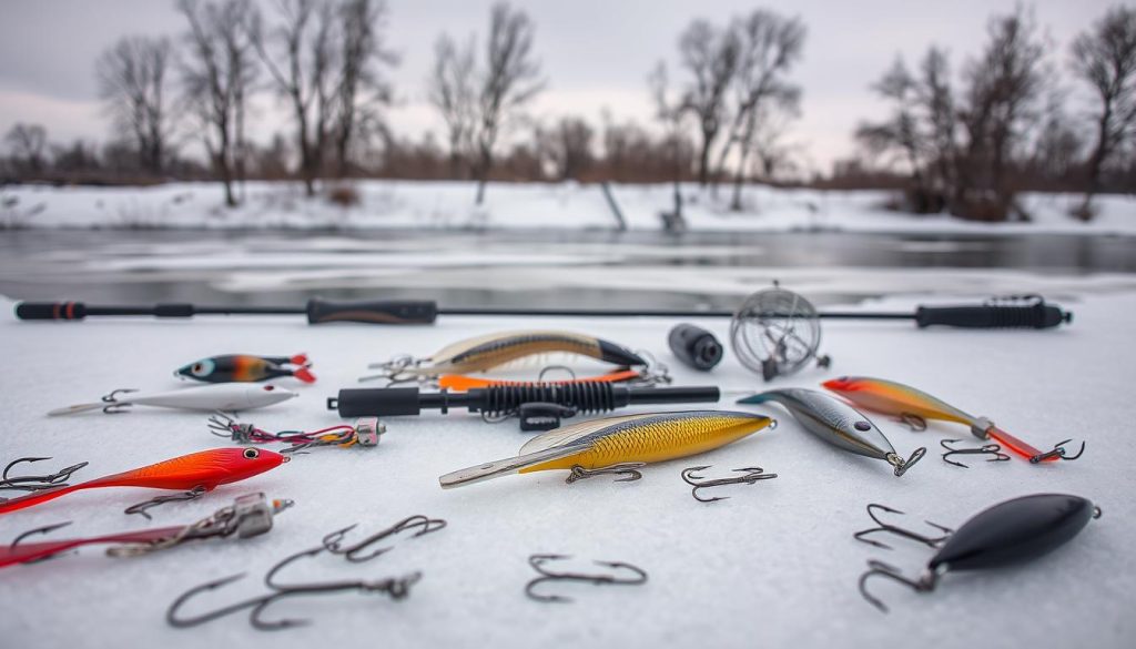 A winter fishing scene showcasing the essential gear for predatory fish on the Dnieper River. In the foreground, an array of specialized lures, hooks, and rigs from the 7fishing.com.ua brand are meticulously arranged on a frozen surface. The middle ground features a glimpse of the river, its waters obscured by a thin layer of ice. In the background, a serene winter landscape with bare trees and a cloudy sky sets the mood. The image should convey the expertise and preparedness required for successful ice fishing, reflecting the recommendations in the article's section on "Recommended tackle and baits for winter fishing on the Dnieper".