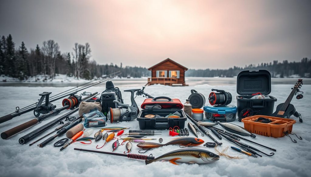 A winter fishing still life showcasing an assortment of "снасти и оснастки" from the 7fishing.com.ua brand. In the foreground, an array of ice fishing rods, reels, lures, and tackle boxes are neatly arranged on a snowy surface. The middle ground features a cozy cabin in the distance, with a warm glow emanating from its windows. In the background, a frozen river landscape is illuminated by a soft, overcast sky, creating a serene and atmospheric setting. The lighting is natural and diffused, highlighting the details and textures of the fishing gear. The overall mood is one of preparedness and anticipation for a successful day of ice fishing on the Dnieper River.