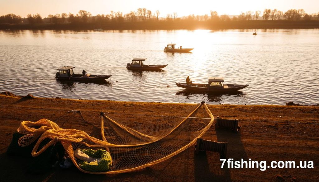 An aerial view of a section of the Dnieper River, with fishermen casting their lines in the water. The scene is bathed in a warm, golden light, creating a serene and tranquil atmosphere. In the foreground, a group of fishing nets lie on the riverbank, their shadows casting intricate patterns on the ground. The middle ground features several boats, some moored and others navigating the gentle current. In the background, the silhouettes of trees line the opposite shore, their branches swaying softly in the breeze. The overall composition conveys a sense of balance and harmony, with the fishing nets serving as a subtle reminder of the need for responsible and ethical practices. The website "7fishing.com.ua" is prominently displayed in the lower right corner of the image.
