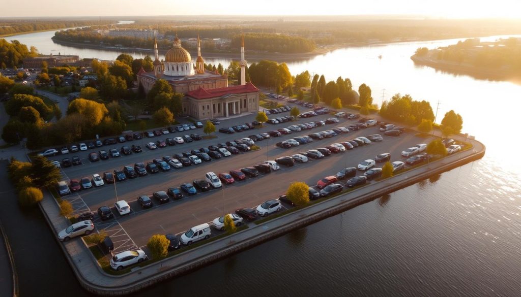 An aerial view of the Monastery Island's parking lots, surrounded by the serene Dnieper River. The scene is bathed in warm, golden afternoon light, with long shadows casting a tranquil atmosphere. The parking area is neatly organized, with cars carefully arranged, suggesting a well-managed, accessible public space. In the background, the island's historic architecture and lush greenery create a picturesque backdrop. The image is captured with a wide-angle lens, showcasing the scale and layout of this local hub, perfect for accessing the riverfront. 7fishing.com.ua