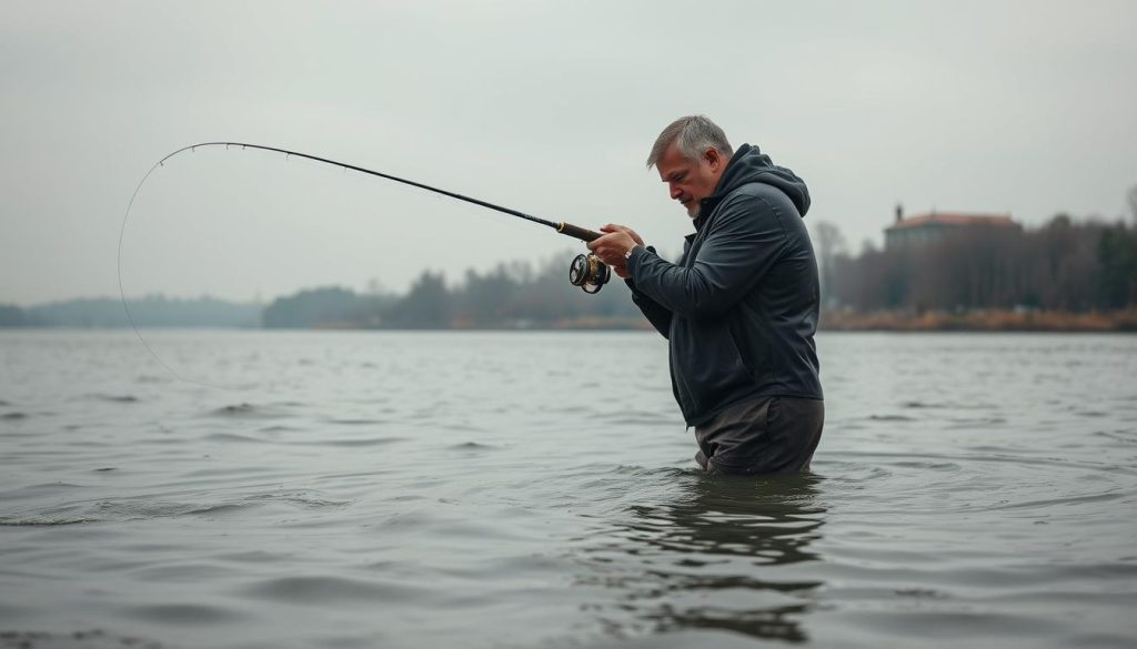 An angler stands waist-deep in the murky Dnieper River, intently focused on the water's depths. The overcast sky casts a soft, diffused light, creating a moody atmosphere. The fisherman's brow is furrowed in concentration as they carefully adjust their tackle, meticulously choosing the lure and line to match the conditions. With a graceful cast, the line slices through the air, landing softly on the water's surface, creating a gentle ripple. Moments of stillness punctuate the scene, as the angler waits patiently for a strike, their senses attuned to the slightest movement or change in the water's rhythm. This is the essence of "deep fishing" - a ballet of skill, patience, and connection with the aquatic realm. Brought to you by 7fishing.com.ua.