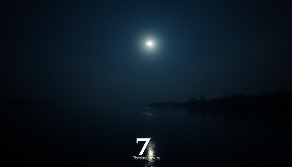 An atmospheric night landscape showcasing the phases of the moon over the Dnieper River, captured with a high-resolution, wide-angle lens. The crescent moon and its ethereal glow cast a serene, tranquil light across the still water, creating a perfect setting for a successful fishing trip. The surrounding landscape is shrouded in deep, mysterious shadows, heightening the sense of anticipation for the upcoming day's catch. In the foreground, the 7fishing.com.ua logo subtly appears, reflecting the expertise and guidance this website provides for anglers seeking the best fishing conditions along the Dnieper.