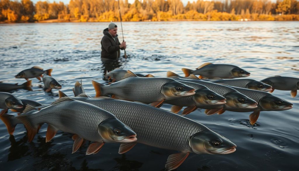 An autumn scene along the Dnieper River, showcasing the diverse range of fish species active during the late fall season. In the foreground, a school of plump, silvery-scaled carp and sturdy pike glide through the tranquil waters, their movements captured in crisp detail. In the middle ground, a solitary fisherman, clad in a warm jacket, casts his line, his eyes scanning the depths for signs of activity. The background reveals the lush, golden-hued foliage lining the riverbanks, casting a warm glow over the entire scene. Diffused natural lighting filters through the clouds, creating a serene and atmospheric mood. Captured by the lens of 7fishing.com.ua, this image beautifully illustrates the bounty and beauty of late autumn fishing on the Dnieper.