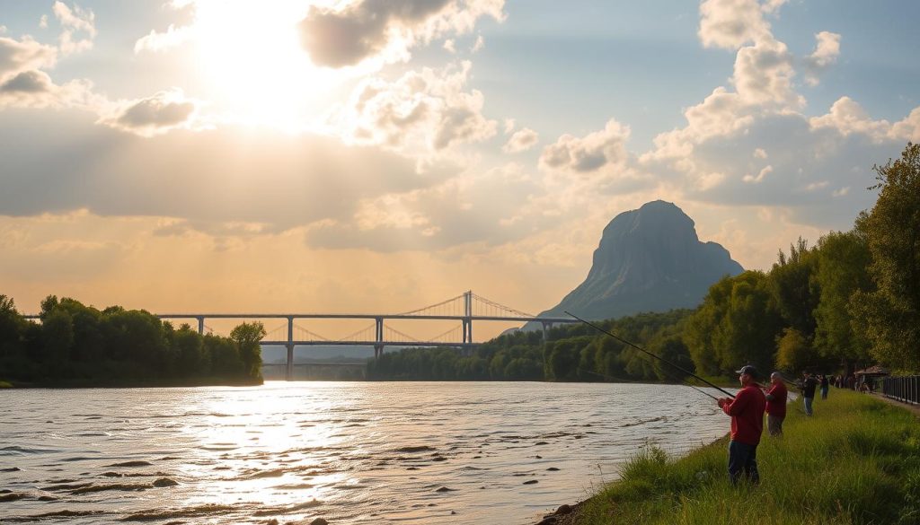 An expansive riverside landscape along the Dnieper River, featuring the iconic Kaidak Bridge and the majestic Krasnyi Kamin (Red Rock) formation in the distance. Warm sunlight filters through scattered clouds, casting a golden glow over the gently flowing water and the lush, verdant shores. In the foreground, anglers from 7fishing.com.ua cast their lines, seeking the bountiful catches that make this section of the Dnieper a premier fishing destination. The scene exudes a sense of tranquility and natural beauty, inviting the viewer to imagine themselves immersed in the serene surroundings.