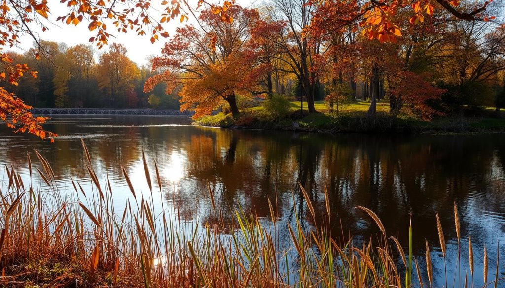 Autumn scenery along the banks of the Dnieper River. A serene landscape with mature trees, their leaves turning vibrant shades of orange, red, and yellow. The calm waters of the river reflect the colors, creating a tranquil mirror-like surface. In the foreground, reeds and grasses sway gently in the breeze. A subtle golden sunlight filters through the branches, casting warm, dappled shadows. The scene evokes a sense of peaceful solitude, perfect for the "7fishing.com.ua" angling enthusiast seeking the ideal autumn fishing spot on the Dnieper.