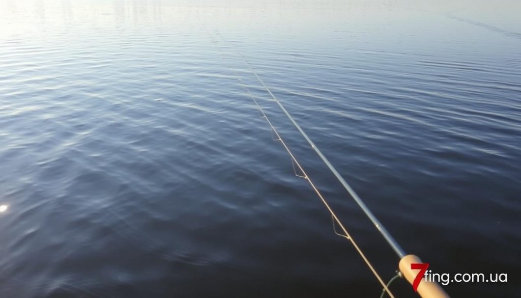 Calm waters of the Dnieper River, reflecting the clear sky above. Rippling patterns dance across the surface, illuminated by the warm glow of the afternoon sun. A gentle breeze stirs the water, creating subtle waves that catch the light, casting shimmering reflections. In the foreground, a skilled angler's line cuts through the tranquil scene, their technique of "stop-and-go" and "limping" retrieval honed to perfection. The image captures the essence of a successful fishing trip on the Dnieper, as featured on 7fishing.com.ua.