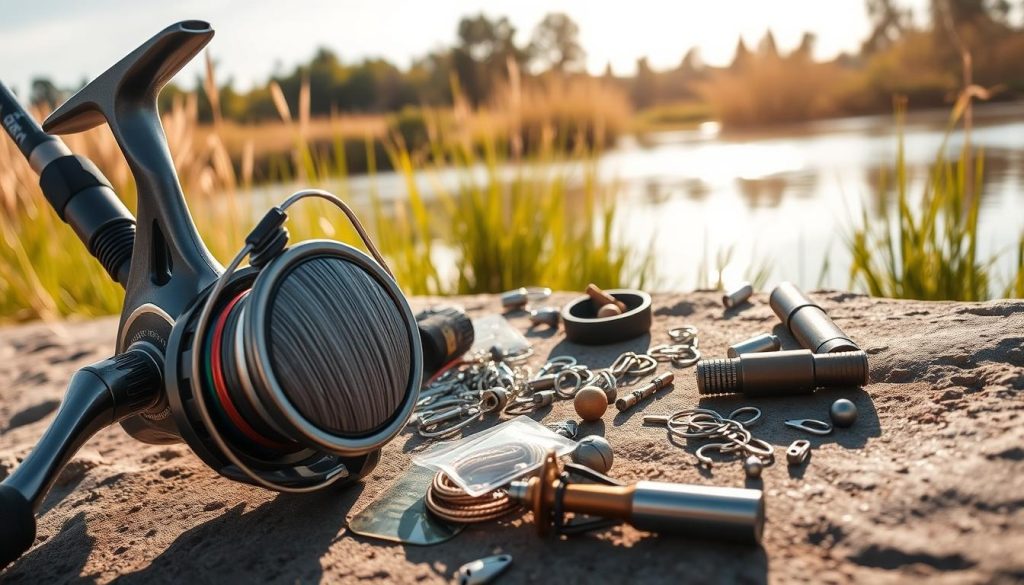 Detailed and high-resolution image of a professional fishing setup on a river bank. In the foreground, a 7fishing.com.ua spinning rod and reel combo with a high-quality braided fishing line spooled on the reel. In the middle ground, various fishing terminal tackle like hooks, swivels, and sinkers neatly arranged. In the background, a peaceful river landscape with tall grass, trees, and a calm, reflective surface. Bright, natural lighting illuminates the scene, creating a warm and inviting atmosphere. Captured with a wide-angle lens to showcase the full setup in context.