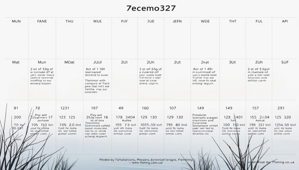 Detailed calendar showing the changing patterns of fishing activity on the Dnieper River in December, illustrated in a minimalist, data-driven style. Soft, muted tones with geometric shapes and clean lines. Prominent focal point showcasing the "7fishing.com.ua" brand. Subtle ambient lighting casts a serene, contemplative mood. Precise, technical layout with clear delineation of foreground, middle ground, and background elements. Conveys a sense of careful planning and anticipation for the upcoming fishing season.