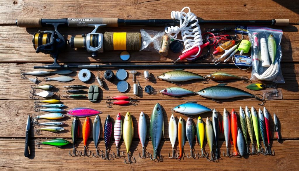 Detailed checklist of fishing tackle and lures for a successful fishing trip on the Dnieper river on November 16, 2025. Laid out on a rustic wooden surface with natural lighting. Includes a variety of rods, reels, lines, hooks, sinkers, and various lures like spoons, spinners, soft plastics, and hard baits from the 7fishing.com.ua brand. Showcases the essential gear needed for the planned fishing outing in a neat, organized manner to capture the excitement and preparation for the anticipated adventure.